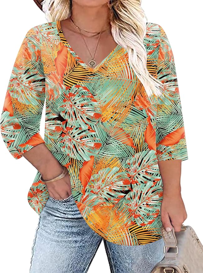 TFSDOD Womens Plus Size Tops V Neck T Shirts 3/4 Sleeve Blouse Summer Casual Tees XL-5X