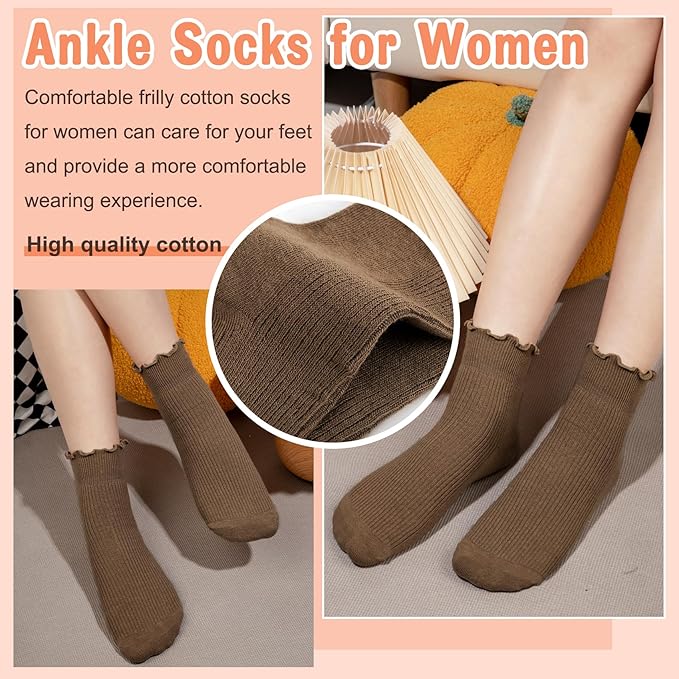 Justay 8 Pairs Ruffle Socks Woman Cute Frilly Soft Cotton Crew Ankle Socks for Women Gifts