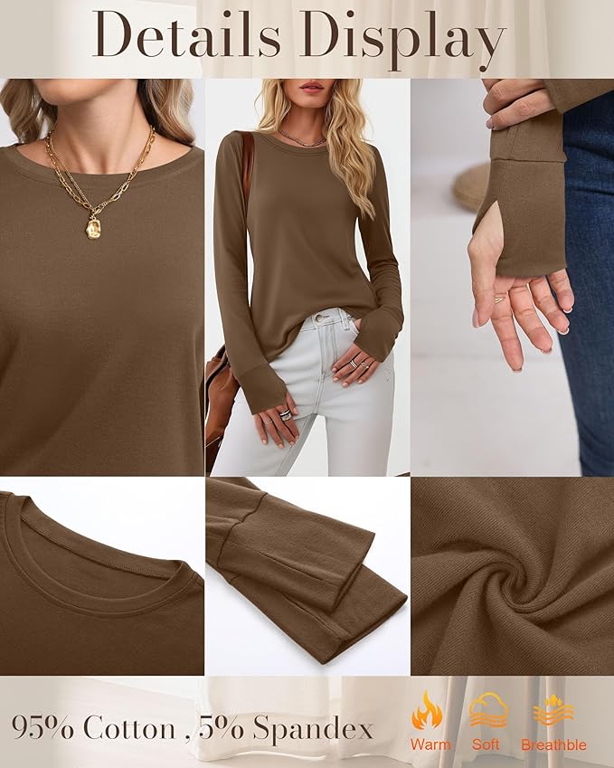 Huukeay 3 Pack Women's Long Sleeve Shirts with Thumb Holes, Cotton Casual Crew Neck Tunic Tops Fall Loose Y2k Trendy Outfits