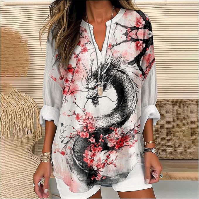 MARSVOVO V Neck Shirt For Women Boho Multi Style Blouse Long Sleeve Novelty Graphic Plus Size Pullover Tops For Women