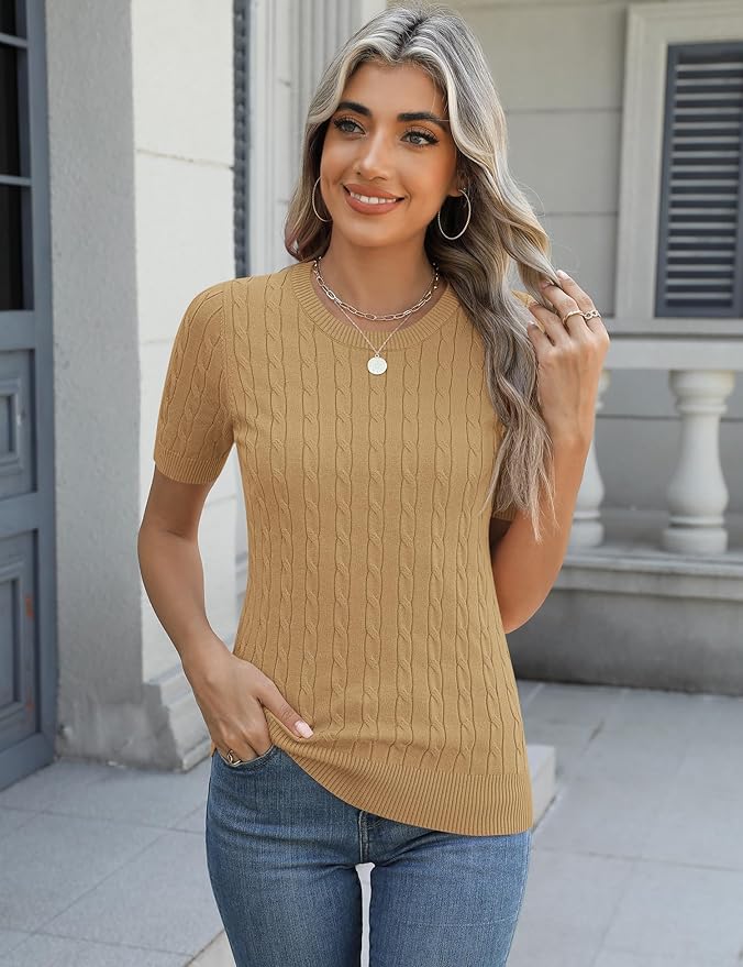 Micoson Womens Short Sleeve Cable Knit Sweater Tops Crewneck Lightweight Spring Summer Shirts Business Dressy Casual Outfits
