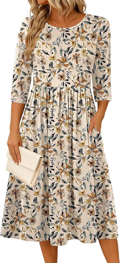 Zeagoo 3/4 Sleeve Women's Dress Casual Flowy A-Line Midi Tshirt Dresses with Pockets Crewneck Vocation Boho Beach Sundress