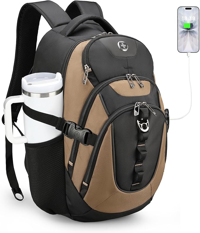 Swissdigital Design Laptop Backpack with USB Charging Port, Travel Backpack Fits 15.6 inches Computer, 31L College School Backpack for Men, Tan/Black | SD803-34