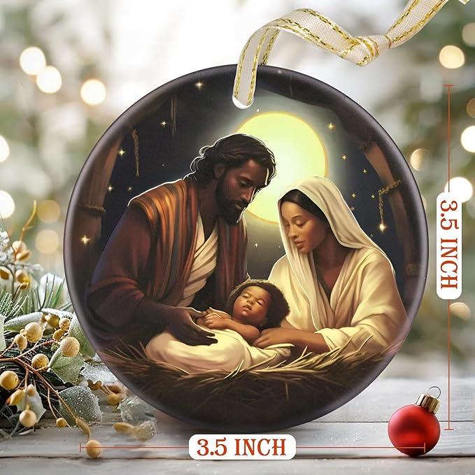 LAOWEIKI Nativity Christmas Ornament, 3.5 Inch Ceramic, Christian Gift, Christmas Tree Decor