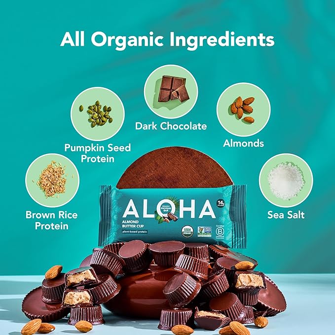 ALOHA Organic Plant Based Protein Bars - Almond Butter Cup - 12 Bars, Vegan, Low Sugar, Gluten-Free, Paleo, Low Carb, Non-GMO, No Stevia, No Erythritol