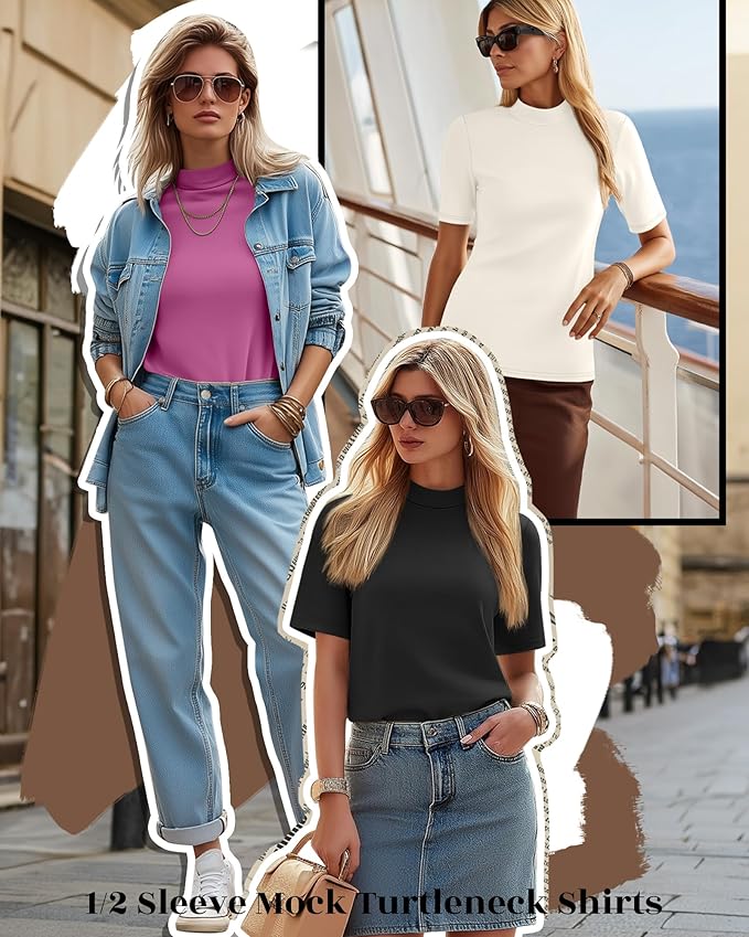 Ficerd 3 Pack Women's 1/2 Sleeve Mock Turtleneck Shirts, Elbow Length Shirt Half Sleeve Tunic Top Casual Summer Basic Tees