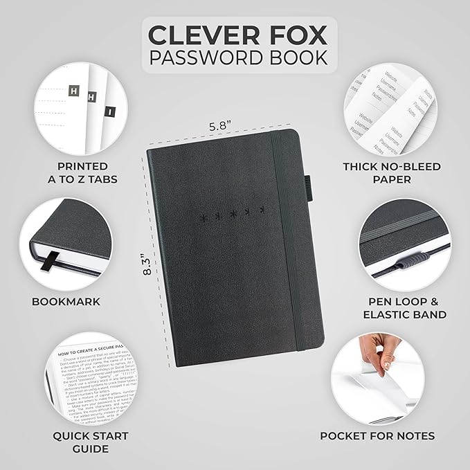 Clever Fox Password Book – Alphabetized Internet Address & Password Organizer – Computer & Website Password Keeper Notebook – Log-In Password Journal - Medium, A5, 8.3x5.8″, Hardcover (Mystic Gray)