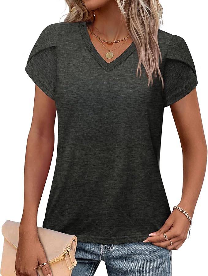WIHOLL Womens Tops V Neck Summer Petal Sleeve Casual Tshirts