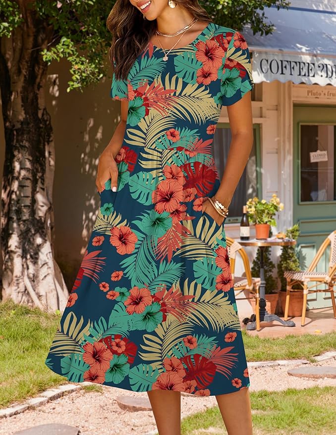 HOTOUCH Women's Summer A-Line Midi Dresses 2026 Casual Floral Short Sleeve T-Shirt Dress Flowy Beach Sundress with Pockets