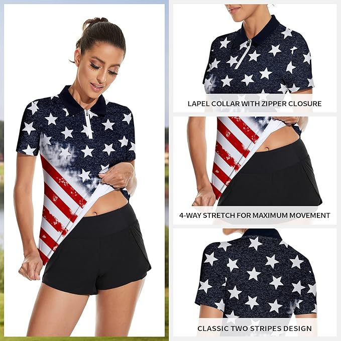 Women's Golf Shirt Short Sleeve Tennis Shirt Quarter Zip Golf Pullover Golf Polo Shirts Argyle Tops