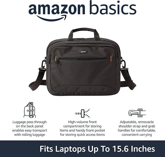 Amazon Basics Laptop Carrying Case with Shoulder Strap and Handle, Large Capacity, 15.6 in, Black (Pack of 6)