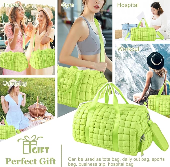 Quilted Travel Duffle Bag Gym Bag for Women,Large Puffer Duffle Weekender Bag with Compartment,Workout Overnight Carry on Organizer Bag Duffle Bag for Airplane Travel(L-Green)