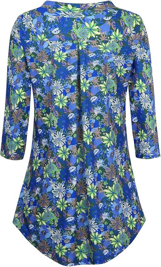 BAISHENGGT 3/4 Sleeve Tops for Women Notch V Neck Floral Work Blouses Dressy Casual Loose Fit Going Out Tunic Tops