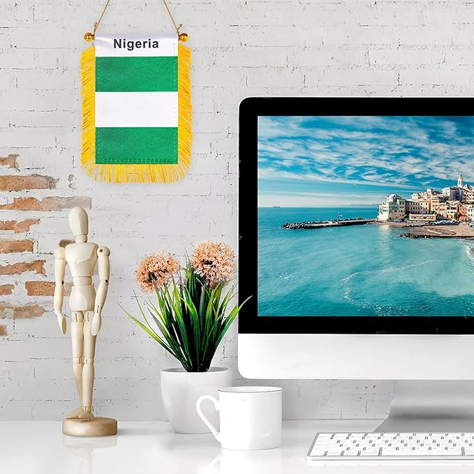 ZXvZYT 3 X 5 Inch Nigeria Window Hanging Flag Nigerian Small Mini Car Flags Banners Rearview Mirror Decoration - with Suction Cup & Golden Fringy Banner(2 Pack)