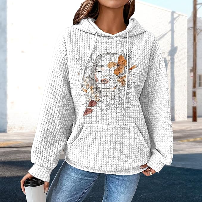 domirica Pullover Sweatshirts For Women Drawstring Long Sleeve Waffle Sweatshirt With Pocket Vintage Street Wear Qutfits