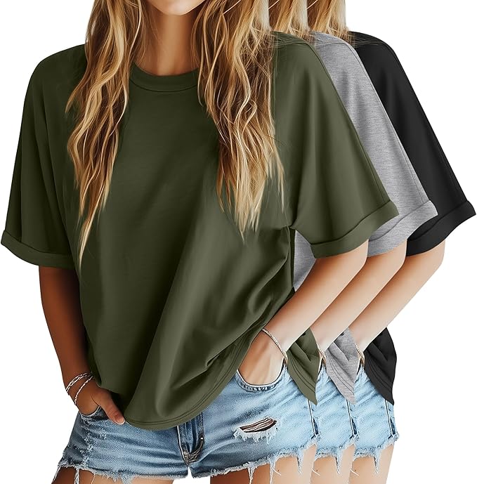 Riyiper 3 Pack Women's Oversized T-Shirt Half Sleeve Summer Tees Casual Loose Fit Crew Neck Basic Tops