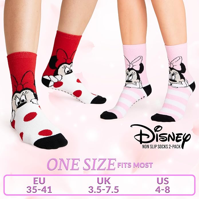 Disney Slippers Socks for Women & Teens US Size 4-9, Pack of 2 Non Slip Fleece Winter Socks, Soft & Fluffy, Gifts for Her