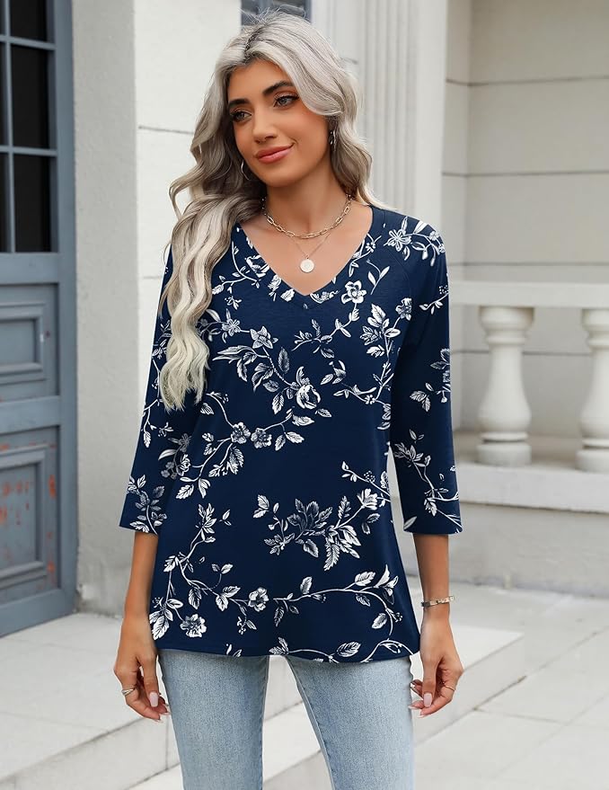 Zeagoo 3/4 Length Sleeve Womens Tops Casual V Neck Shirts Soft Basic Tees Business Work Blouses