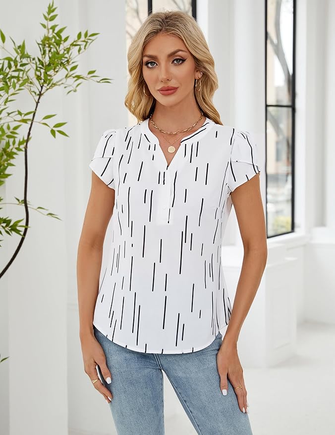 Blooming Jelly Women's Dressy Casual Tops Business Work Blouses White Button Down Shirts Cap Sleeve V Neck Tshirt