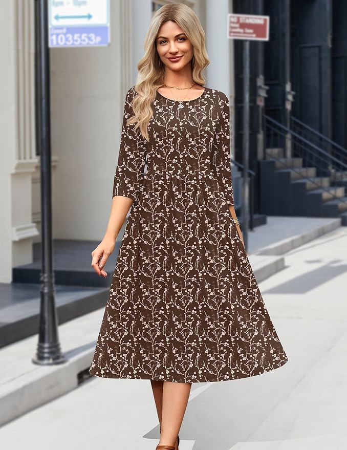 Zeagoo 3/4 Sleeve Women's Dress Casual Flowy A-Line Midi Tshirt Dresses with Pockets Crewneck Vocation Boho Beach Sundress