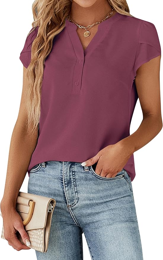 Blooming Jelly Women's Dressy Casual Tops Business Work Blouses White Button Down Shirts Cap Sleeve V Neck Tshirt