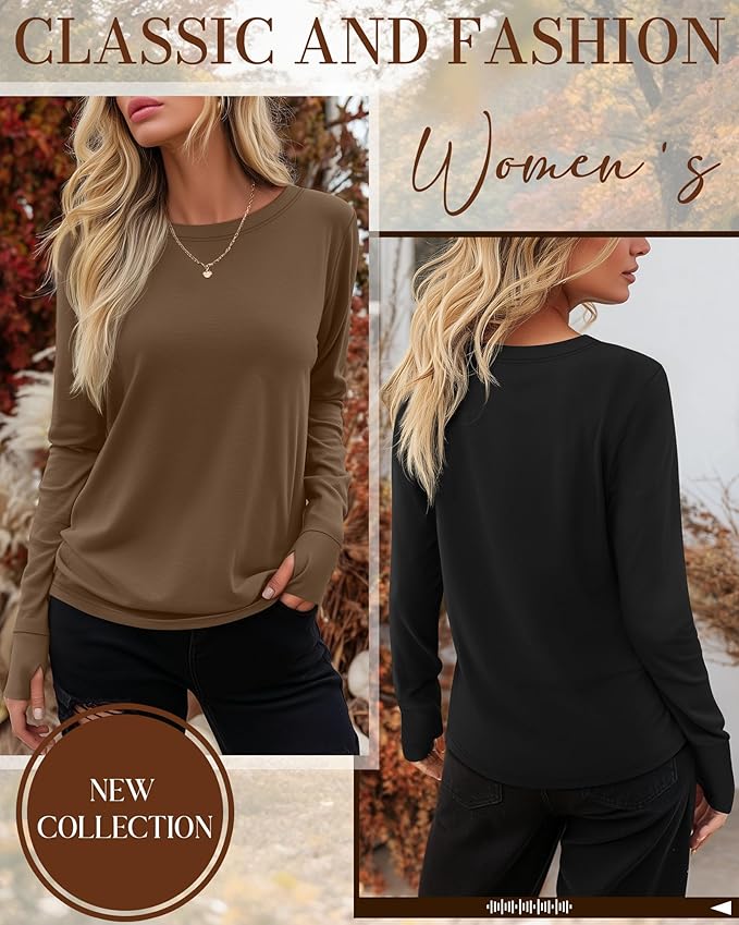 Huukeay 3 Pack Women's Long Sleeve Shirts with Thumb Holes, Cotton Casual Crew Neck Tunic Tops Fall Loose Y2k Trendy Outfits