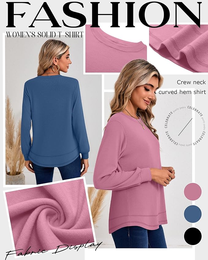 Ficerd 3 Pack Women's Long Sleeve Shirts, Cotton Crew Neck Tunic Tops Casual Loose Fit Pullover Sweatshirts Curved Hem Shirts