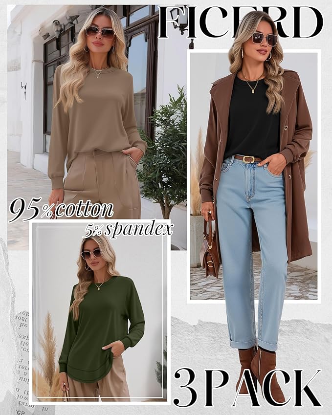 Ficerd 3 Pack Women's Long Sleeve Shirts, Cotton Crew Neck Tunic Tops Casual Loose Fit Pullover Sweatshirts Curved Hem Shirts
