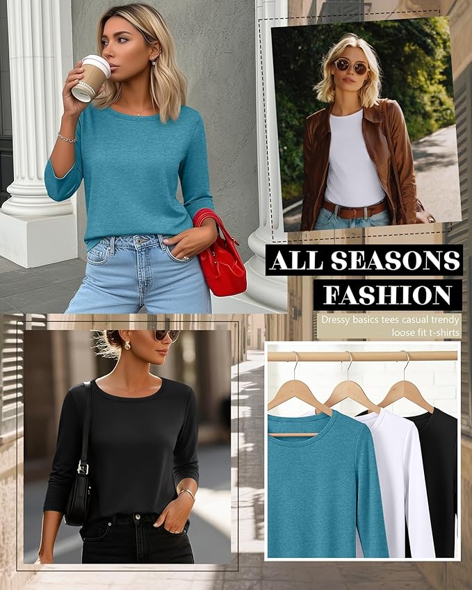 Ficerd 3 Pack 3/4 Sleeve Tops for Women Round Neck Dressy Basics Tees Casual Trendy Loose Fit T Shirts