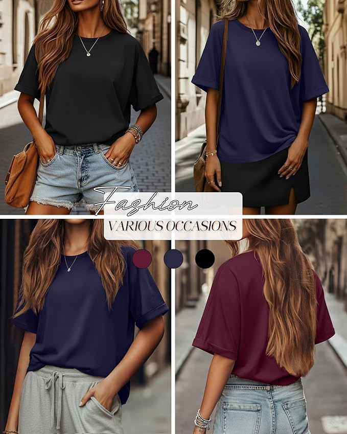 Riyiper 3 Pack Women's Oversized T-Shirt Half Sleeve Summer Tees Casual Loose Fit Crew Neck Basic Tops