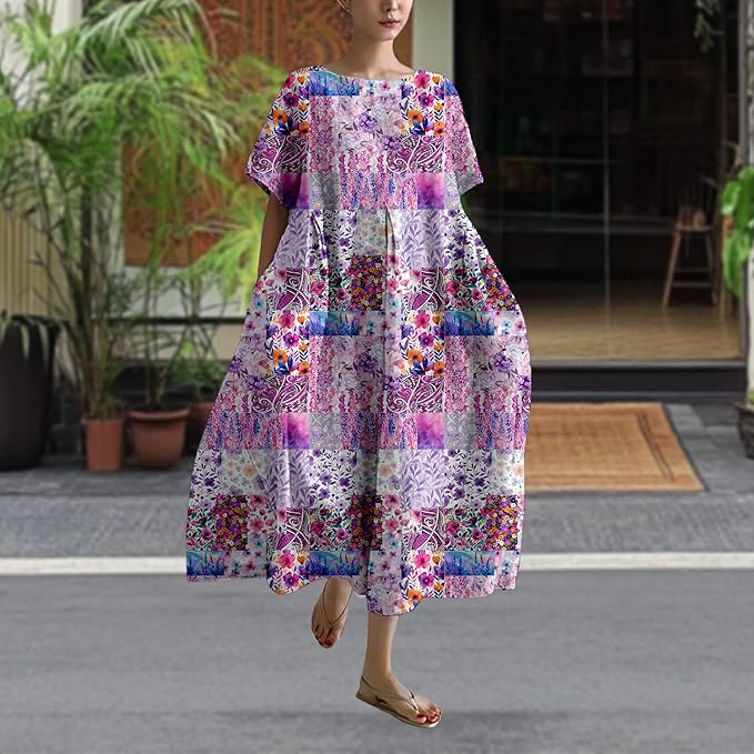 MARSVOVO Patchwork Flowy Dresses for Women Plus Size Loose Casual Tunic Dress Elegant Crewneck Maxi Dresses with Pockets