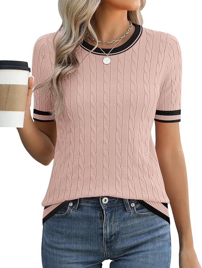 Micoson Womens Short Sleeve Cable Knit Sweater Tops Crewneck Lightweight Spring Summer Shirts Business Dressy Casual Outfits