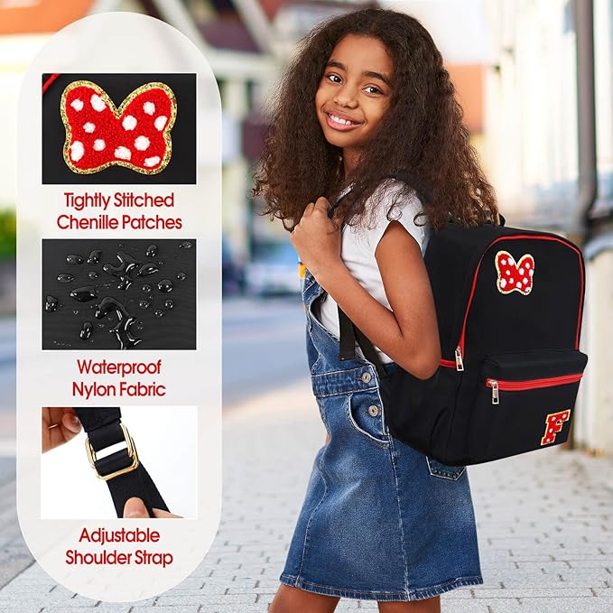 Preppy Initial Bow Mouse Backpacks for Girls 14.6 Inch, Black Kids Backpacks Ages 3-10 for Park Travel Preschool Elementary School, Lightweight Bookbag Birthday Back to School Gifts for Little Girls F