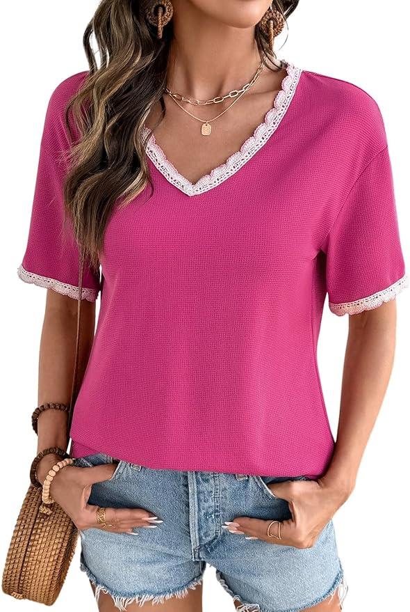 Dokotoo Womens Summer Tops Casual Short Sleeve Lace T-Shirts Solid V Neck Waffle Knit Shirts Blouses