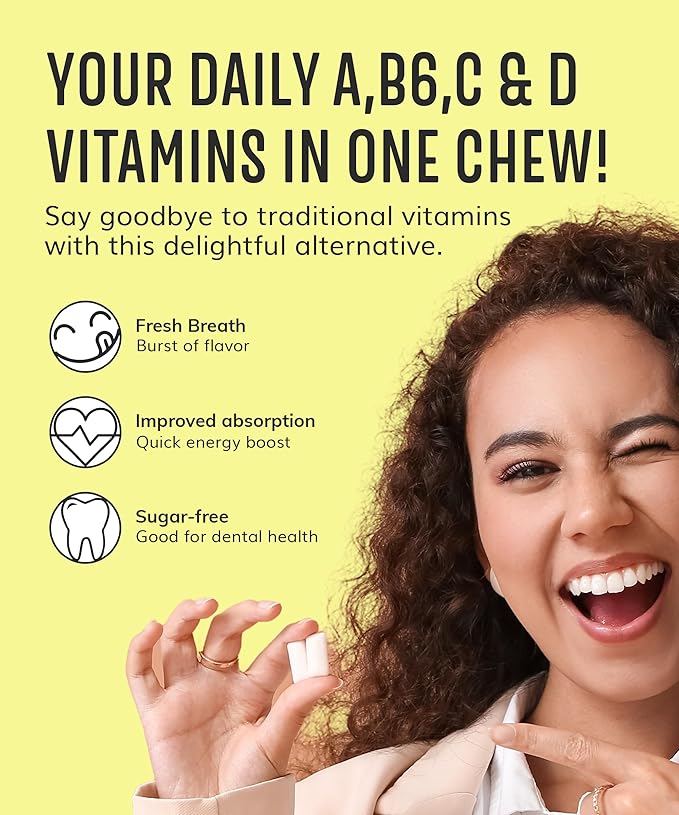 Multivitamin Xylitol Gum (56pcs) - Healthy, Sugar Free, Plastic Free, All Natural Chewing Gum with Vitamin Gum A,B6,C & D, Aspartame Free, Vegan, Gluten Free, Keto (Lemon)