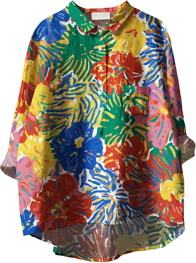 Womens Boho Tops 3/4 Long Sleeve Floral Blouses Hawaii Beach Button Down Shirts V Neck Pullover Casual Tunics
