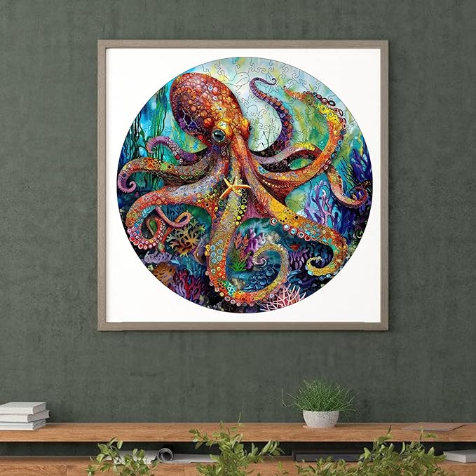Reouinty Wooden Puzzle, Octopus Ocean Jigsaw Puzzles 200 Piece, Wood Adult Puzzle, Unique Animal Adult Puzzles Piece, Best Gift for Family Game 11.2x11.2 in