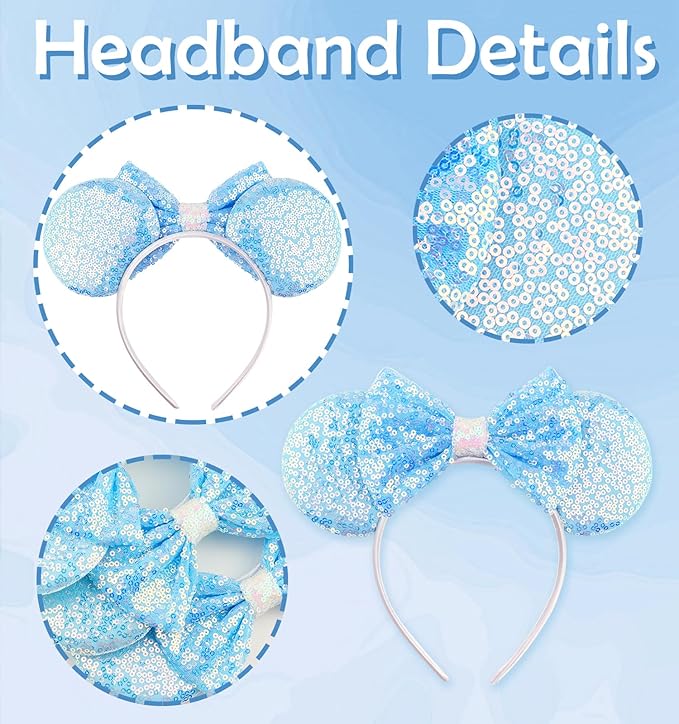LIHELEI Mouse Ears Headband for Princess, Blue Cinderella Elsa Headbands for Women Halloween Costume, Sequin Bows Headwear Hair Accessories - Light Blue