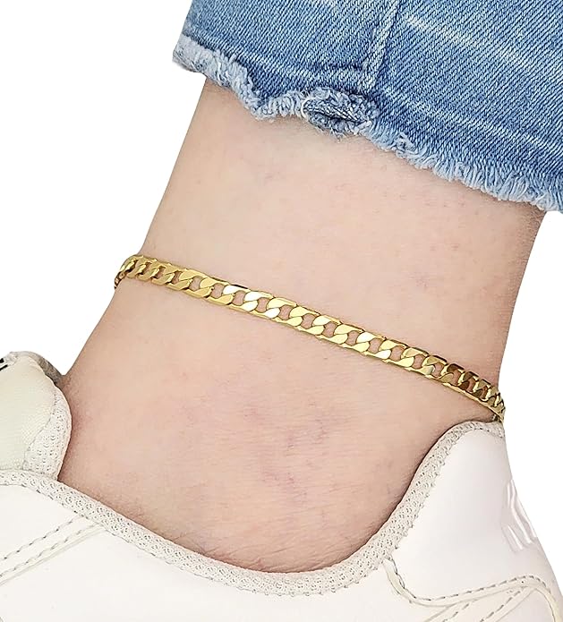 BA UNIQUE FASHION Gold Electroplated Anklet for Women, 9-12 Inch Sizes, Figaro, Cuban, Mariner, Herringbone Design - Made in Korea