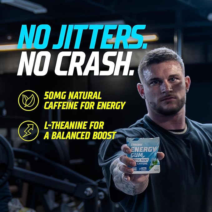 GYMGUM Energy Caffeine Gum | 50mg Caffeine | Sugar-Free, Keto-Friendly | Fast-Acting Energy & Focus Gum with Guarana & L-Theanine (120 Count, Arctic Mint)