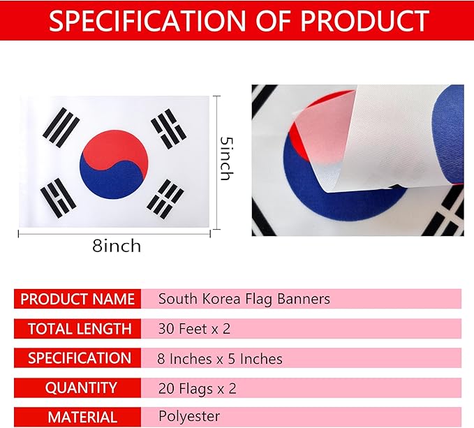 TSMD 2 Packs South Korea Flag Banner Korean Flags String Small Mini Hanging Flag Decorations,60 Feet 40 Flags