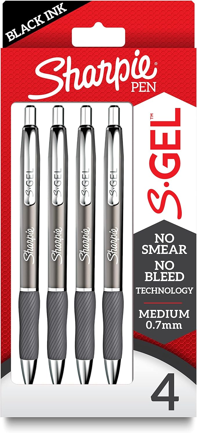 Sharpie S-Gel Gel Pens Sleek Metal Barrel Gunmetal Medium Point (0.7mm) Black Ink 4 Count