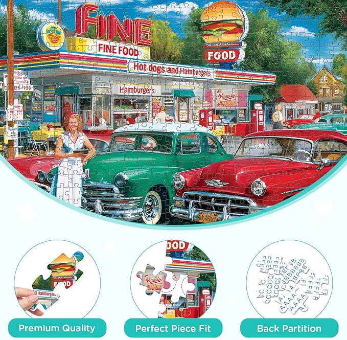 500 Pieces Jigsaw Puzzles, Retro Style 500 Piece Puzzles for Adults, Car and Food Station Jigsaw Puzzles, Interlock Perfectly Letter on Back, Home Decor Birthday Party Gift Toy Age 12+, 20.5 x 15 in