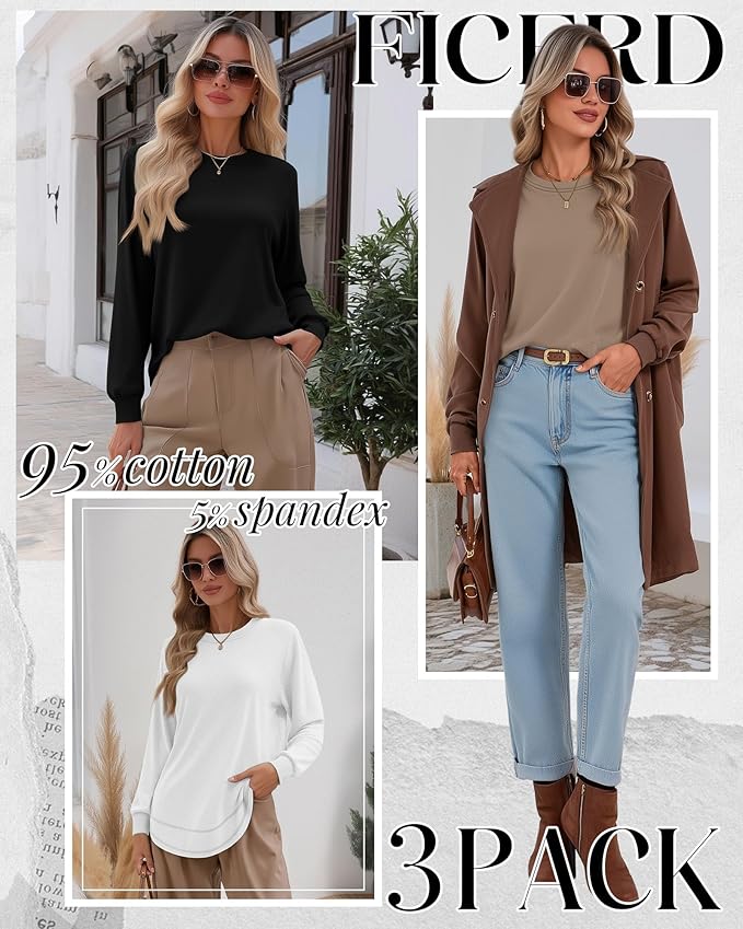 Ficerd 3 Pack Women's Long Sleeve Shirts, Cotton Crew Neck Tunic Tops Casual Loose Fit Pullover Sweatshirts Curved Hem Shirts