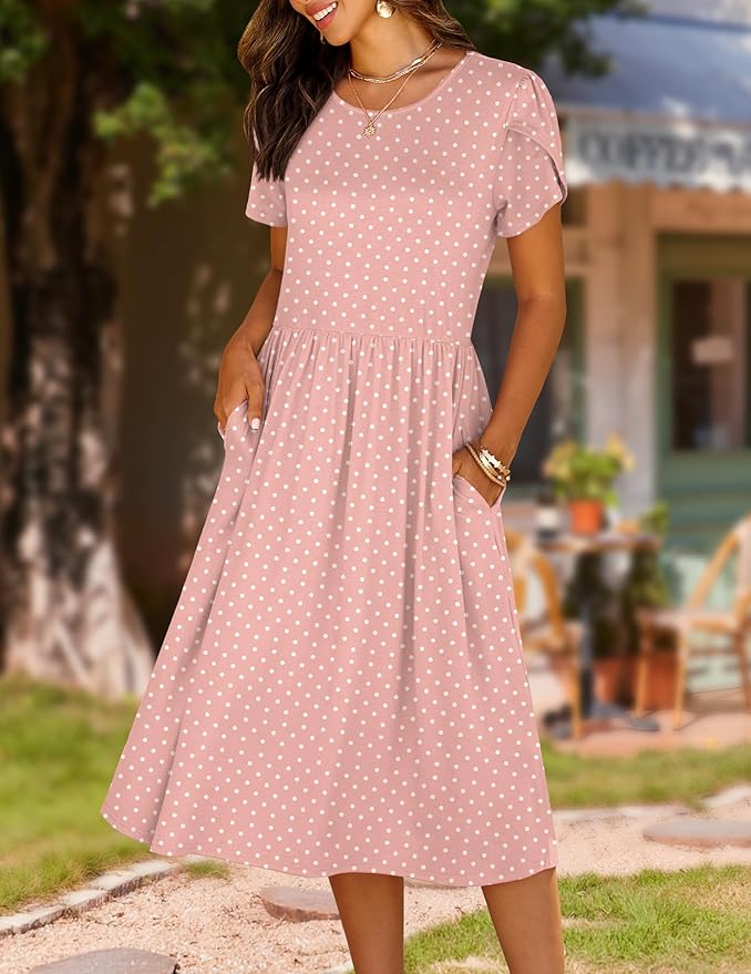 HOTOUCH Women's Summer A-Line Midi Dresses 2026 Casual Floral Short Sleeve T-Shirt Dress Flowy Beach Sundress with Pockets