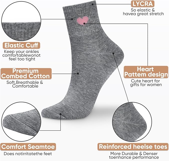 Corlap Women's Cute Cotton Crew Athletic Running Socks - Ankle High, Novelty Fun Heart Design 5-Pairs (Gift Box)