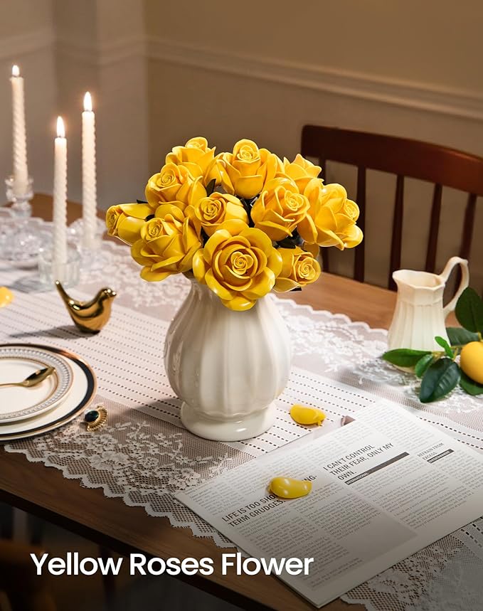 iATOM Yellow Rose Bouquet Building Set, 12Pcs Flowers Botanical Collection Kit for Adults, Valentine's Day Gift for Her/Girlfriend/Mom/Wife/Couple, Modern Home Office Table Centerpiece Decor Aesthetic