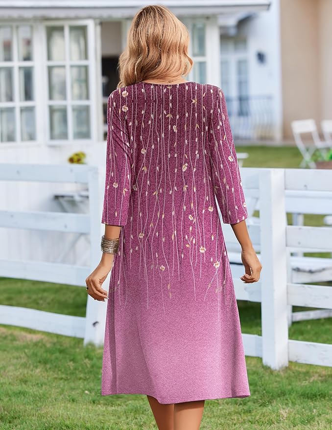 ZEAGOO 3/4 Sleeve Women's Dress Casual Flowy A-Line Midi Tshirt Dresses with Pocket Empire Waist Summer Boho Beach Sundress
