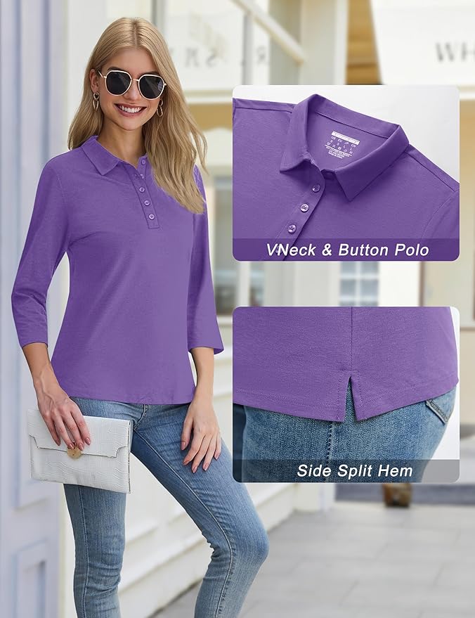 YUCOLEN Polo Shirts for Women 3/4 Sleeve Tops Golf Tees 5-Button Collared Cotton Shirt Business Casual
