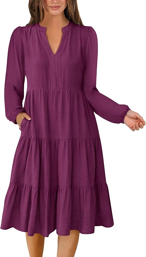 ANRABESS Womens Fall Midi Dresses Long Sleeve V Neck Swing Tiered Work Business Casual 2026 Flowy Beach Vacation Dress